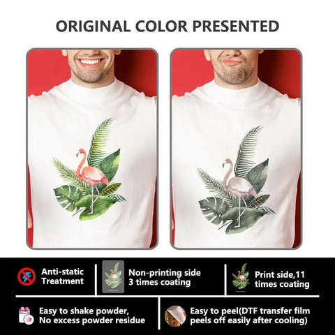 Comparison of two T-shirts highlighting DTF Transfer Film Roll 13 Inch By 328 Feet For A3 DTF Printers with matte finish.