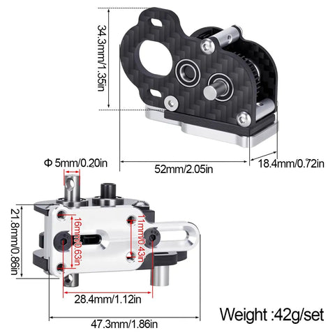 Upgrade Your 10 Scale RC Crawler Build With This Cool LCG Right Motor Gearbox Transmission showcasing dimensions and design features.
