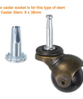 Eight Metal Caster Sockets For 3/8 X 1-1/4 Inch Stems, 9.5 X 31 Mm, Sleeve Style Wheel Socket Mount For 5/16 X 1-1/2 Inch Caster Stems, Galvanized Rust-Resistant Finish, Durable Steel Construction, shown with a brass wheel and metal sleeve for 8x38mm stem.