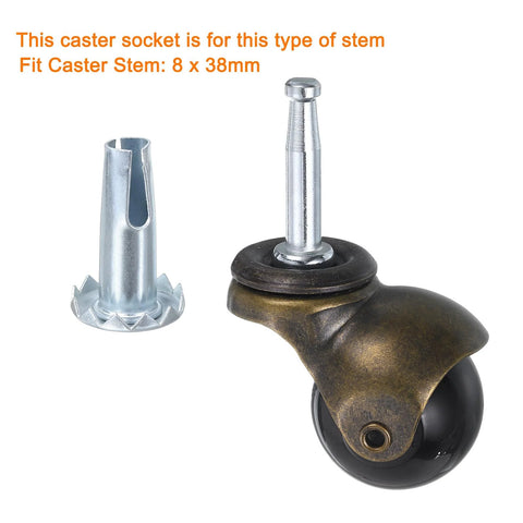 Eight Metal Caster Sockets For 3/8 X 1-1/4 Inch Stems, 9.5 X 31 Mm, Sleeve Style Wheel Socket Mount For 5/16 X 1-1/2 Inch Caster Stems, Galvanized Rust-Resistant Finish, Durable Steel Construction, shown with a brass wheel and metal sleeve for 8x38mm stem.