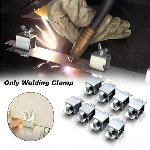 8 Pcs Butt Welding Clamps For Edge To Edge Welds, showing clamps securing metal sheets for auto body sheet metal work.