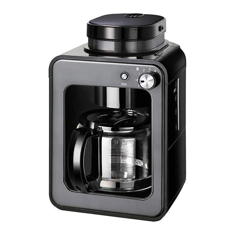 Compact Full Automatic Bean To Cup Coffee Machine with stainless steel blades and glass carafe for easy brewing.
