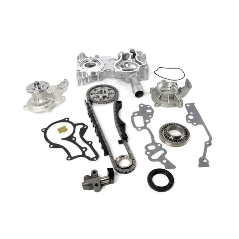 Get Your Ride Running Smooth With This Heavy Duty Timing Chain Kit Cover And Steel Oil Rail Plus Water Pump For Toyota 4Runner Pickup Celica 2.4L L4 Engine No More Leaks Or Stretching Problems Ever Again, timing chain kit parts laid out