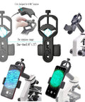 Universal Smartphone Telescope Adapter Mount for Quick Plug and Play Phone to Scope Setup shown with phones and microscope