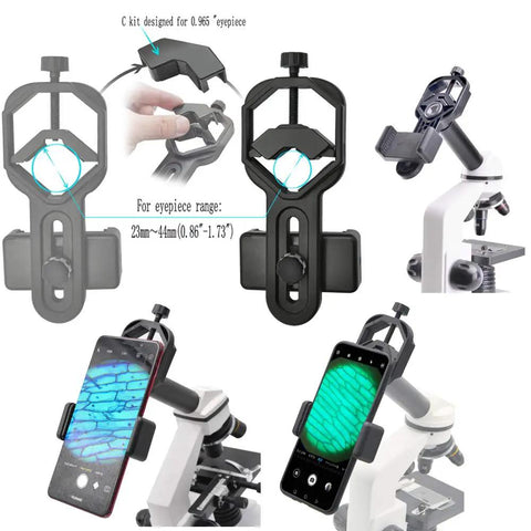 Universal Smartphone Telescope Adapter Mount for Quick Plug and Play Phone to Scope Setup shown with phones and microscope
