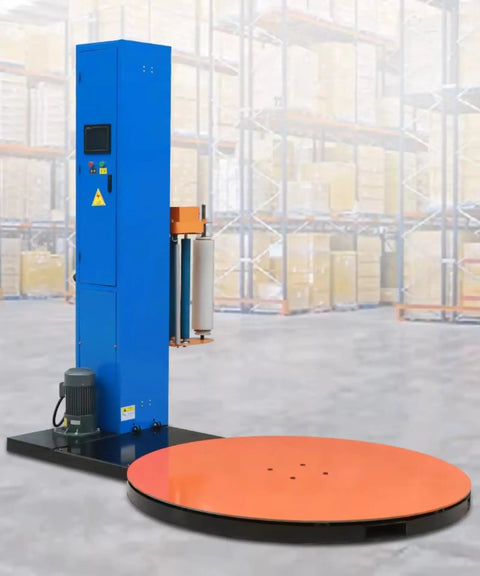 Automatic Stretch Film Pallet Wrapper Heavy Duty Workhorse With 65 Inch Turntable And 4400 Pound Capacity in warehouse setting.