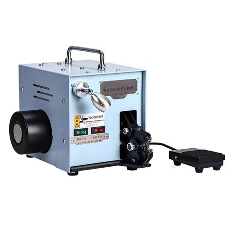 Professional Grade Built Tough Electric Cold Press Terminal Machine With Quick Swap Dies For Hella Accurate Insulated Wire Terminals Smooth Horizontal Bench Setup, side view showing controls and foot pedal.
