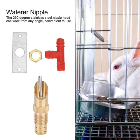 Auto Flow Rabbit Water Feeder Kit With Hose Hookup For Small Critters And Poultry Coops includes stainless steel nipple, red connectors, and brass part.