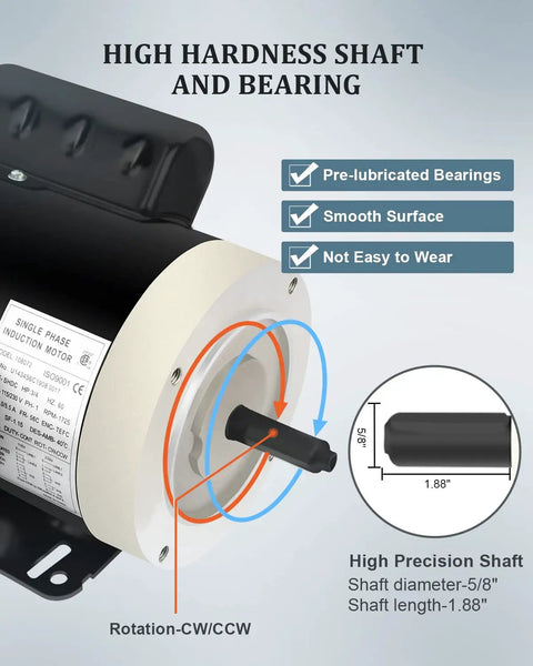 Beefy 0.75 HP General Purpose Single Phase Electric Motor TEFC 56C Frame showing high hardness shaft and bearing details