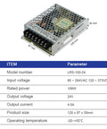 High Efficiency 24V AC DC Switching Power Supply 100W 4.5A view with dimensions labeled, compact and fanless design for industrial use.