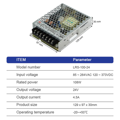 High Efficiency 24V AC DC Switching Power Supply 100W 4.5A view with dimensions labeled, compact and fanless design for industrial use.