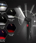 Rechargeable LED Work Light With Magnetic Base And 360 Degree Rotating Head, 5 Modes, image showing light modes and rotation.
