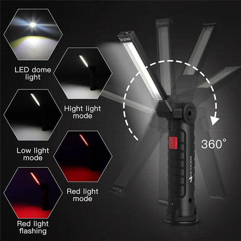 Rechargeable LED Work Light With Magnetic Base And 360 Degree Rotating Head, 5 Modes, image showing light modes and rotation.