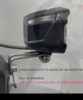 Side view of High Visibility E Bike Horn Front Light With 3 Pin Connector And Built In Horn, mounted on frame.