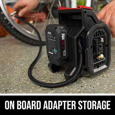 12V Digital Tire Inflator With Real Time Psi Gauge And Auto Shutoff shown with onboard adapter storage and hose connection.