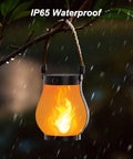 Gen2 Solar Lanterns Outdoor With Ultra Real Flame in rainy weather, waterproof hanging lantern with lifelike flame effect.