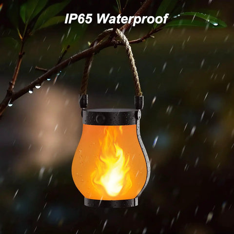 Gen2 Solar Lanterns Outdoor With Ultra Real Flame in rainy weather, waterproof hanging lantern with lifelike flame effect.