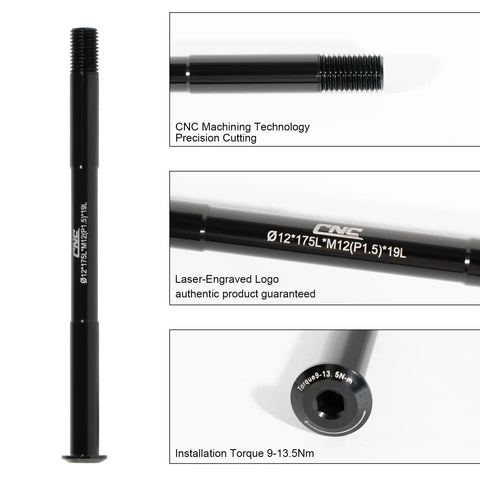 12mm Thru Axle For Bike Fork And Rear Hub with CNC Machining and Laser-Engraved Logo, shown with thread pitch and torque details.