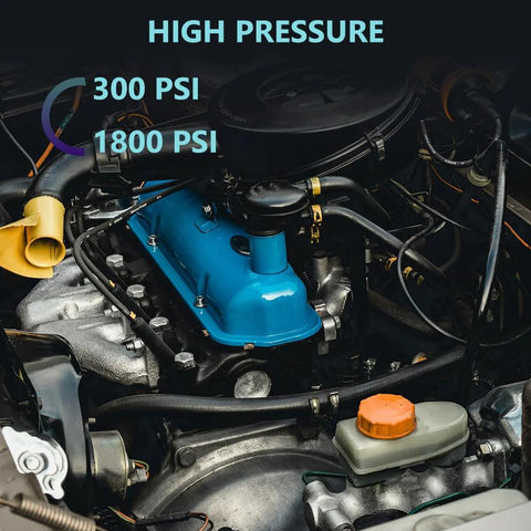 Front view of car engine bay with blue valve cover; 5/16-inch transmission oil cooler hose installed.