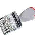 Totally Versatile Rubber Date Stamp With Rotating Mechanism For Scrapbooking And Office Tasks Ergonomic Handle side view showing rotating wheels.