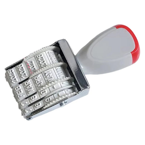 Totally Versatile Rubber Date Stamp With Rotating Mechanism For Scrapbooking And Office Tasks Ergonomic Handle side view showing rotating wheels.