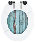 Built Tough Smooth Soft Close Toilet Seat Set Featuring Rustic MDF Wood Finish And Rock Solid Zinc Hinges For Quick No Sweat Bathroom Refresh Upgrade, top view with blue wooden pattern.