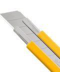 25mm Snap Off Precision Blades Set Built Tough With Razor Sharp Japanese Tool Grade Steel For Long Lasting Edge 5 Blades 35 Segments For Crafting Cutting And Detail Work. 25mm snap-off blade close-up with yellow handle and steel segments