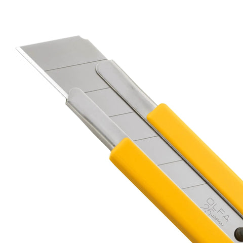 25mm Snap Off Precision Blades Set Built Tough With Razor Sharp Japanese Tool Grade Steel For Long Lasting Edge 5 Blades 35 Segments For Crafting Cutting And Detail Work. 25mm snap-off blade close-up with yellow handle and steel segments