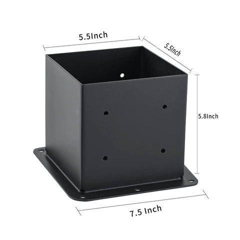 6x6 Post Base Set Of 4 With Inner 5.6x5.6 Post Anchors 13 Gauge Solid Steel Black Powder Coated Built Tough For Lasting Strength Deck Post Brackets And Base Plate Kit For Pergolas Fences Railings Easy Install; Close-up view of steel post bracket with dimensions.