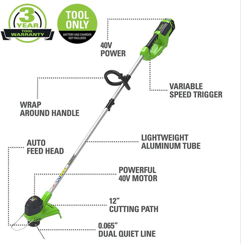 40V Cordless String Trimmer With 12 Inch Cutting Path And Auto Feed Head Lightweight Weed Eater For Your Lawn And Yard A Real Workhorse Battery And Charger Not Included Model BST4000 with features labeled