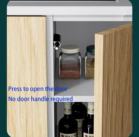 Real Deal Touch To Open Cabinet Hardware, Heavy Duty Spring Loaded Magnetic Door Catches, Handle Free Cupboard Latches, Smooth Glide Buffer Set For Pantries And Doors, showing handle-free cabinet opening.