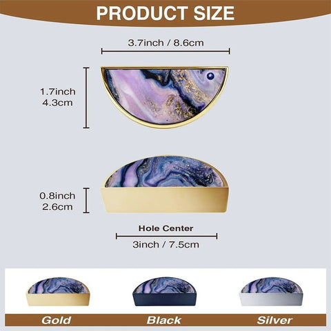Cosmic Violet Fluid Art Cabinet Pulls 2 Pack With Gold Semicircle Drawer Handles 3 Inch Hole Center size diagram.