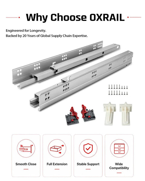 21 Inch Undermount Drawer Slides Set With Soft Close Full Extension showing rails, brackets, screws, and locking devices.