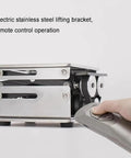 Built Tough Electric Scissor Lift Table With Smooth Remote Height Adjustment Stainless Steel Workstation Platform zero wobble design remote control operation.