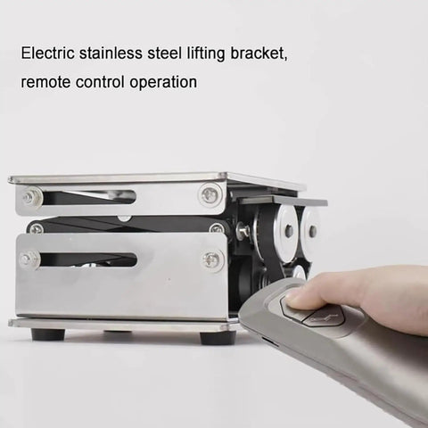 Built Tough Electric Scissor Lift Table With Smooth Remote Height Adjustment Stainless Steel Workstation Platform zero wobble design remote control operation.