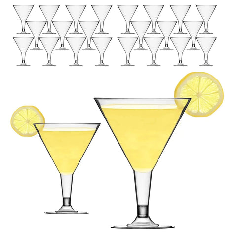 Martini Glasses Set 24 Pack 7 Oz BPA Free Plastic Cocktail Cups For Outdoor Parties Weddings Picnics Stackable Stemmed Reusable And Disposable Dope Glassware with lemon garnish