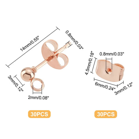 Rose Gold Ball Stud Earrings Pack 30 Hypoallergenic Stainless Steel Posts With Loops And Ear Nuts Dope For Jewelry Making DIY Earrings Crafting 14x3mm Everyday, 30pcs