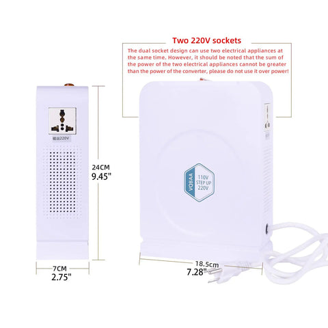Front and side view of 110 To 220 Volt Power Converter For Home And Travel, Heavy Duty 2000 Watt Step Up Transformer shown with measurements.
