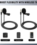 Two Pack Lavalier Lapel Microphones for DJI Wireless Mic Transmitters and Rode Wireless GO II with 3.5mm TRS cables shown.