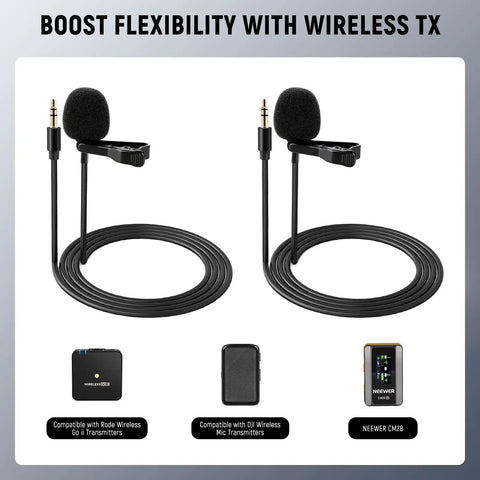 Two Pack Lavalier Lapel Microphones for DJI Wireless Mic Transmitters and Rode Wireless GO II with 3.5mm TRS cables shown.