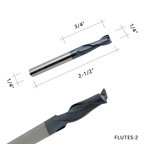 Carbide square-end end mill, 1/4 in diameter, 2-flute, 2-1/2 in length for milling alloys.