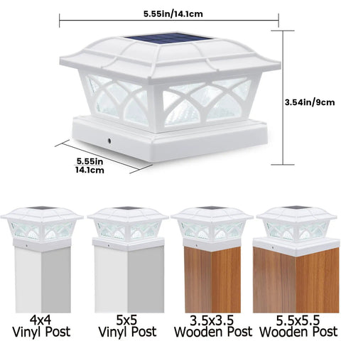Outdoor Solar Post Cap Lights For 4x4 5x5 6x6 Posts, Glass Lens, 8 LEDs, shown on vinyl and wooden posts with measurements
