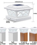 Diagram of Solar Post Cap Lights Outdoor Glass Eight LEDs Two Color Modes, dimensions and various post sizes shown.
