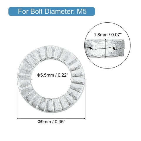 Front view of manganese steel wedge locking washer for M5 bolts; outer 9mm, inner 5.5mm, thickness 1.8mm