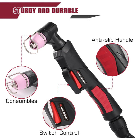 AG60 Plasma Cutting Torch With Four Meter Cable For 50A Pilot Arc Non Touch Plasma Cutter Built Tough For Most Pilot Arc Machines M16 1.5 Air Interface Two Pin Connector Durable Plasma Cutting Gun For Metal Fabrication close-up of handle and consumables