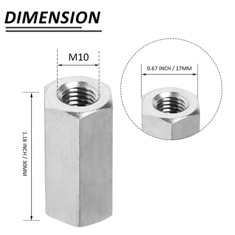 Six Pack M10 x 1.5 Hex Coupling Nuts 30mm Length 17mm Width Stainless Steel Rod Connector Nut Set dimensions shown