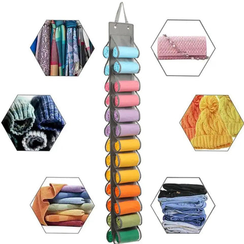 Top Tier Hanging Closet Organizer With Twenty Six Pockets For Leggings And Tees Plus Double Sided Oxford Fabric Rack showcasing rolled garments.