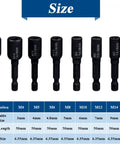 8 Piece Tap Socket Wrench Set With One Quarter Inch Hex Shank High Hardness Alloy Steel Tap Sockets M4 To M16 shown with specifications