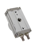Front-angle view of pneumatic rotary actuator (rack-and-pinion), double-acting, 20mm bore, aluminum body with ports