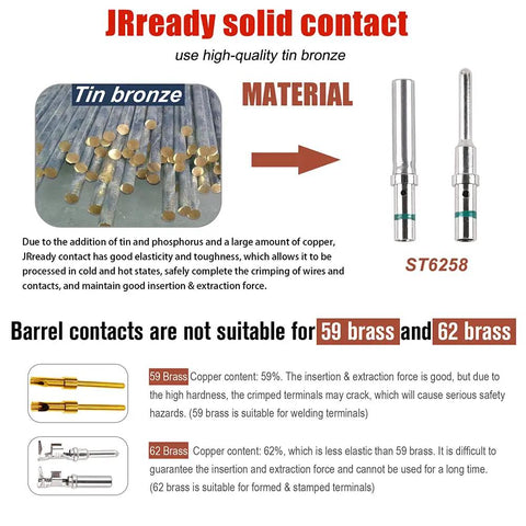 DT Connector Solid Contacts Kit For 14-16 AWG Wire, showcasing tin bronze material and contact specifications.